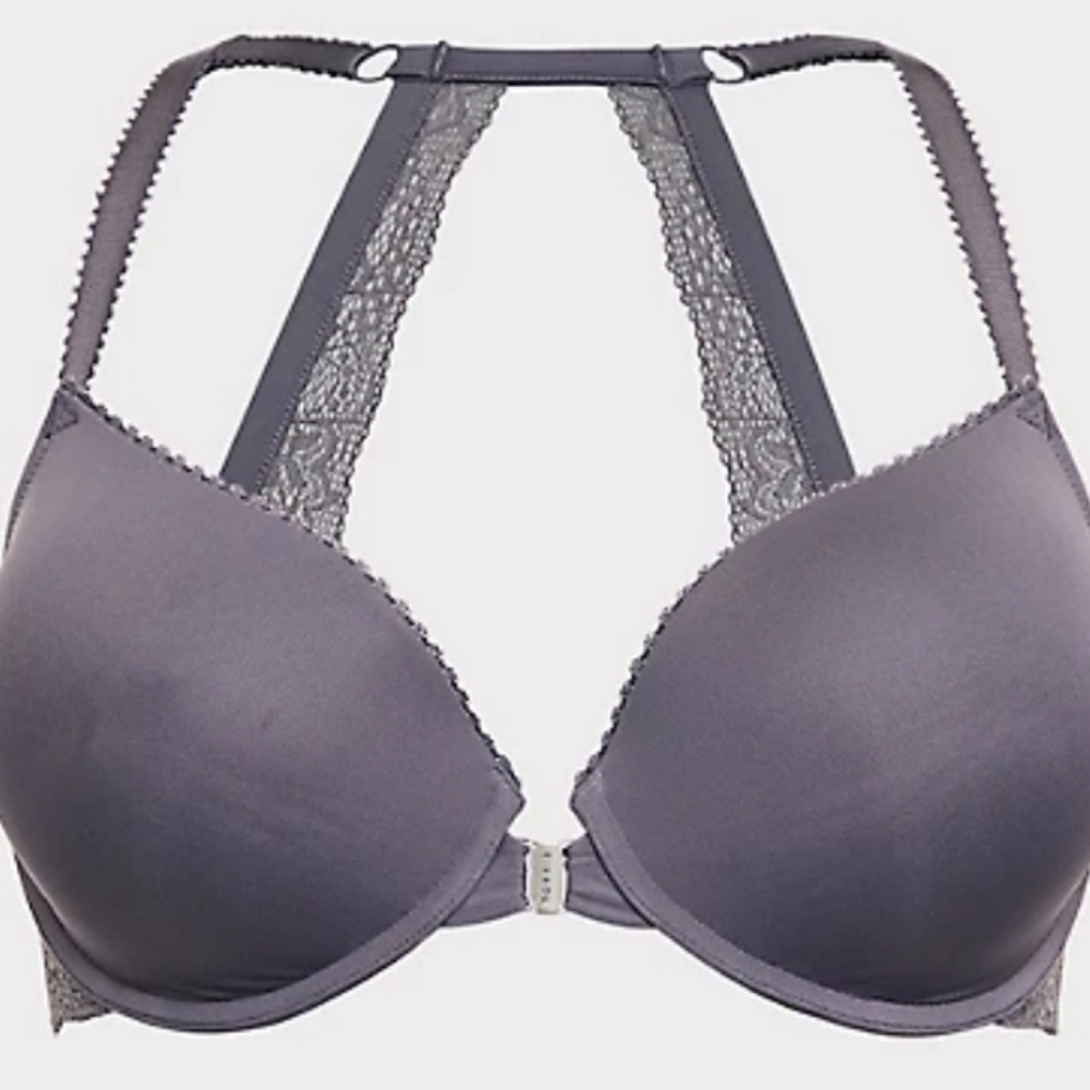TORRID 40D Gray Front-Closure Lace Racerback Push-Up Plunge Bra